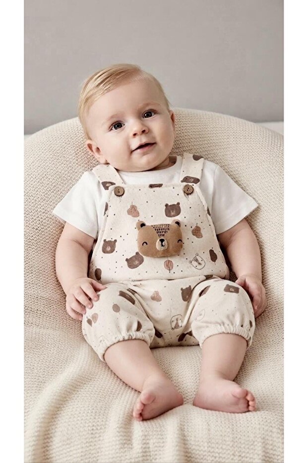 Gzd 0022 Baby Boy Beige Patterned Linen T-Shirt Overalls Set