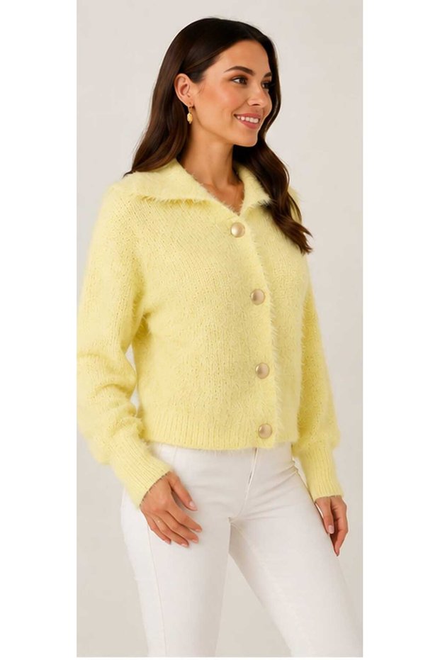 Asez Boutique Women's Soft Textured Fuzzy Bearded Yarn Knitwear Cardigan Shirt Collar Buttoned Long Sleeve 8009