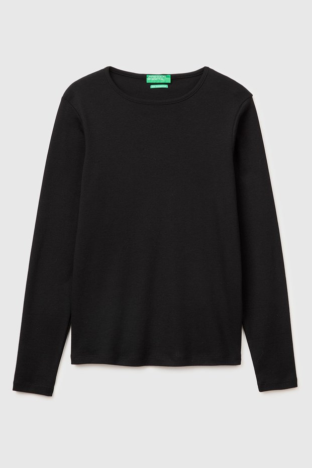 Women's Black 100% Cotton Slim Fit Ribbed Long Sleeve T-Shirt