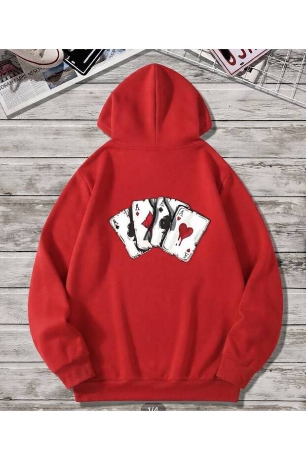 Unisex Red Hooded Sweatshirt - Oversized with Playing Cards Printed on the Back