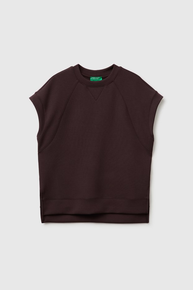 Women's Brown Modal Blend Slit Short Sleeve Crew Neck Top