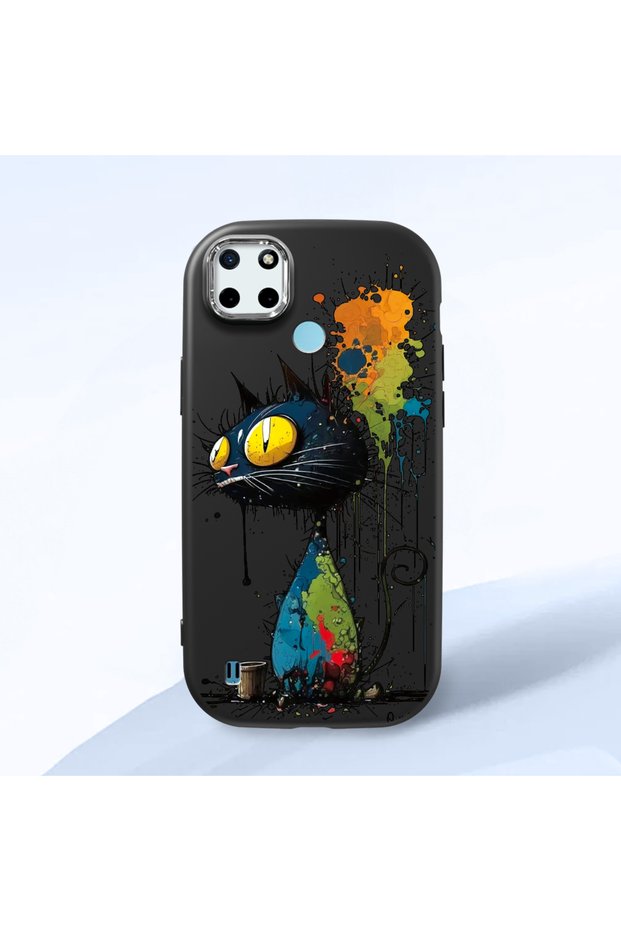 Realme C21Y/C25Y Compatible Graffiti Style Black Cat Phone Case, Shockproof Silicone Case