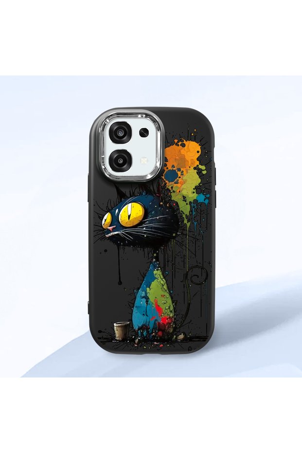 Oppo A6 Pro 4G/5G Compatible Graffiti Style Black Cat Phone Case, Shockproof Silicone Case