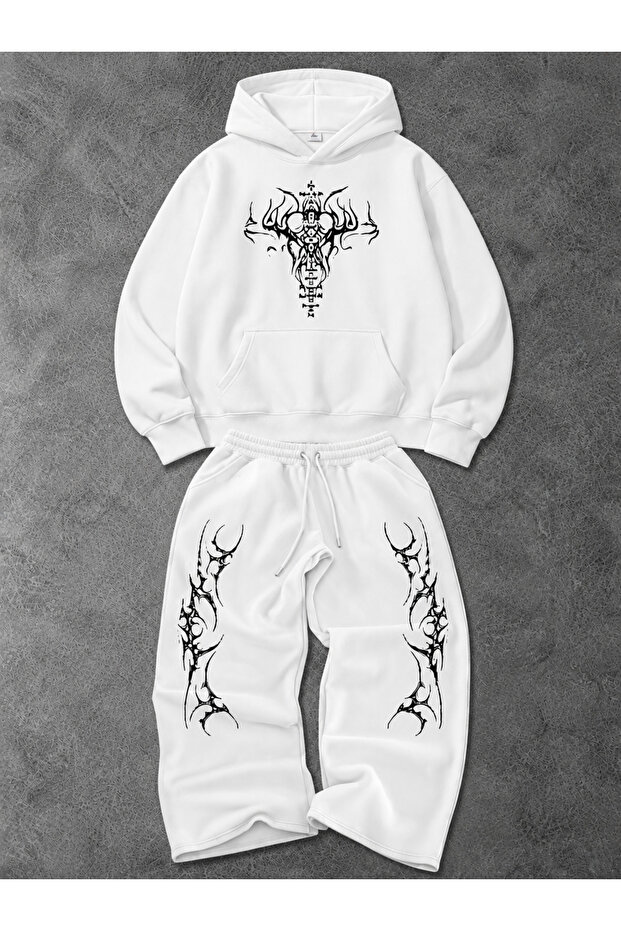 Unisex Women's and Men's Punch Printed Oversize 3 Thread Hooded Sweatshirt and Baggy Sweatpants