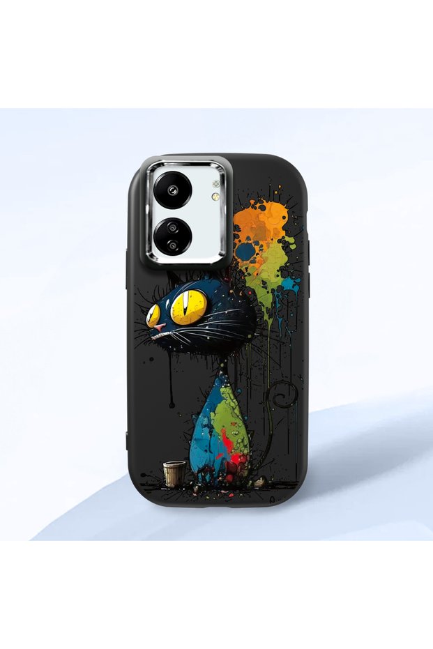Poco C65 Compatible Graffiti Style Black Cat Phone Case, Shockproof Silicone Case