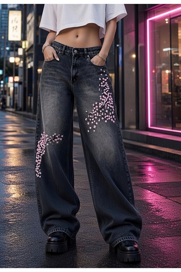 Black Sakura Stonewashed Unisex Baggy Pants