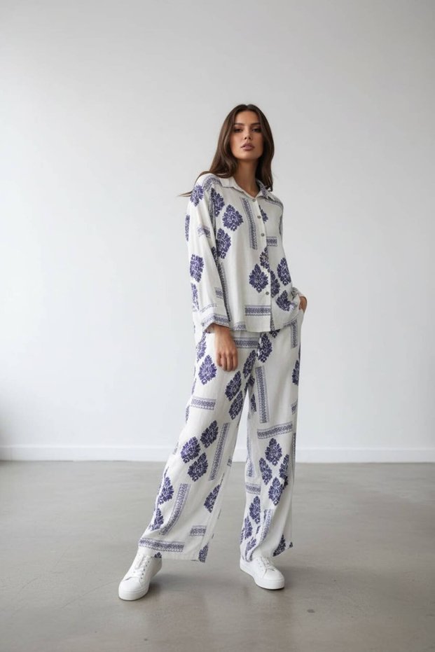 Linen Look Wide Leg Trousers Shirt Ecru Navy Blue 2-Piece Set