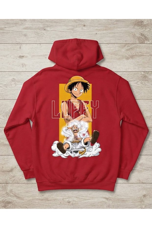 Anime Character Luffy Printed, Red Sweatshirt with Back Detail and Inside Lining