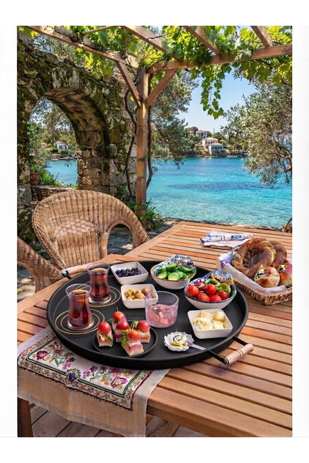 Metal Tray with Wooden Handle Tea Tray Coffee Tray Presentation 49 cm