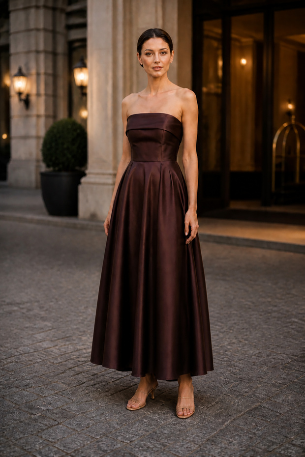 Women's Strapless Long Evening Dress 6068 Brown