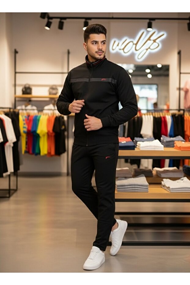 Black, Comfortable Fit, Soft Texture, Full Zip-Up, Stand-Up Collar, Comfortable and Stylish Men's Tracksuit Set