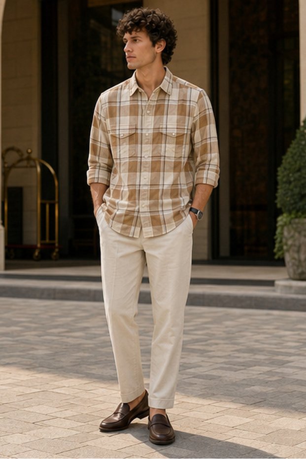 Men's Slim Fit Checked Long-Sleeve Shirt - Tan