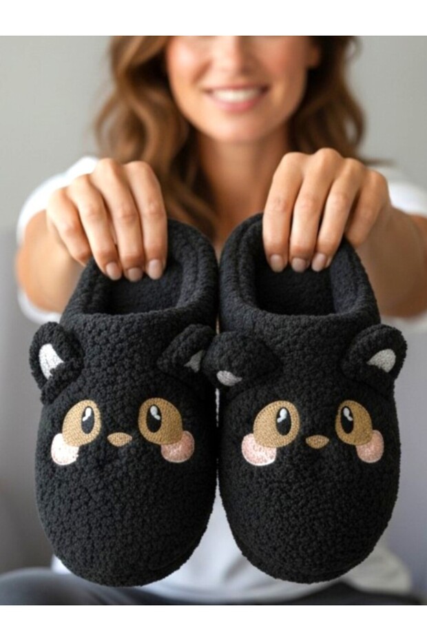 Panda Patterned Fluffy Wool Women's Black House Slippers Winter Dowry and Bundle Slippers Non-Squeaky Soft