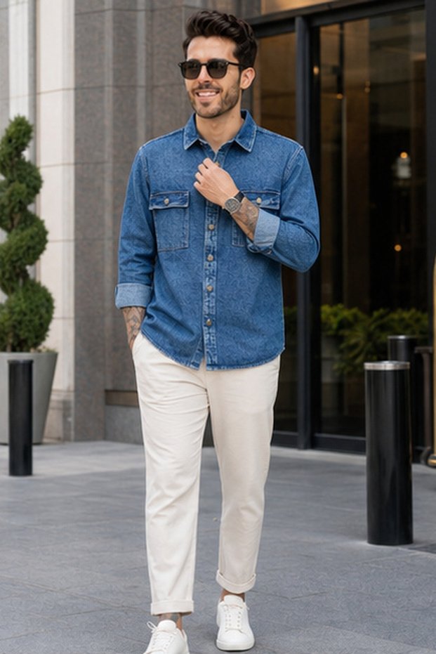 Men's Oversized Solid Long-Sleeve Denim Shirt - Blue