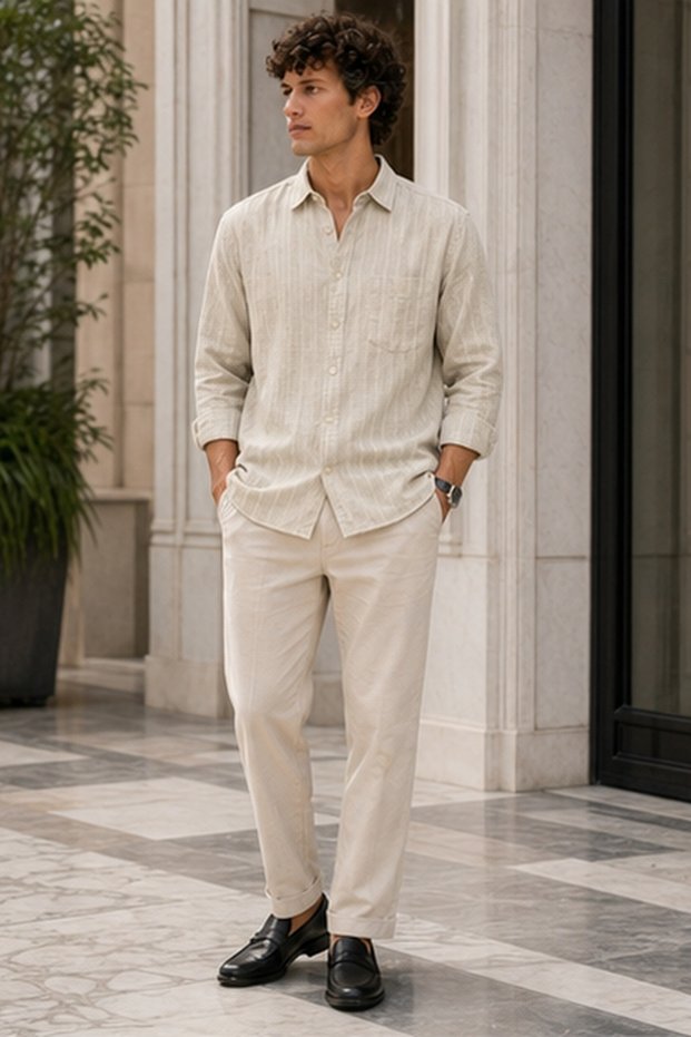 Men's Regular Fit Embroidered Short-Sleeve Shirt - Cream