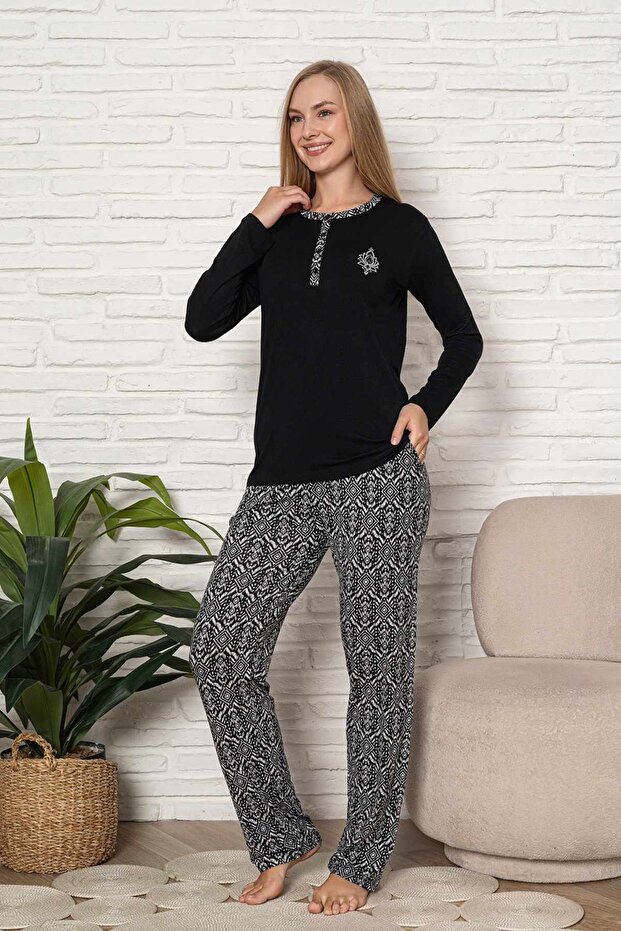 Women's Pajama Set - Black Ethnic Pattern Long Sleeve Lycra Fabric 2923Uy