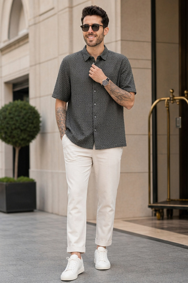 Men's Relaxed Fit Textured Short-Sleeve Knit Shirt - Grey