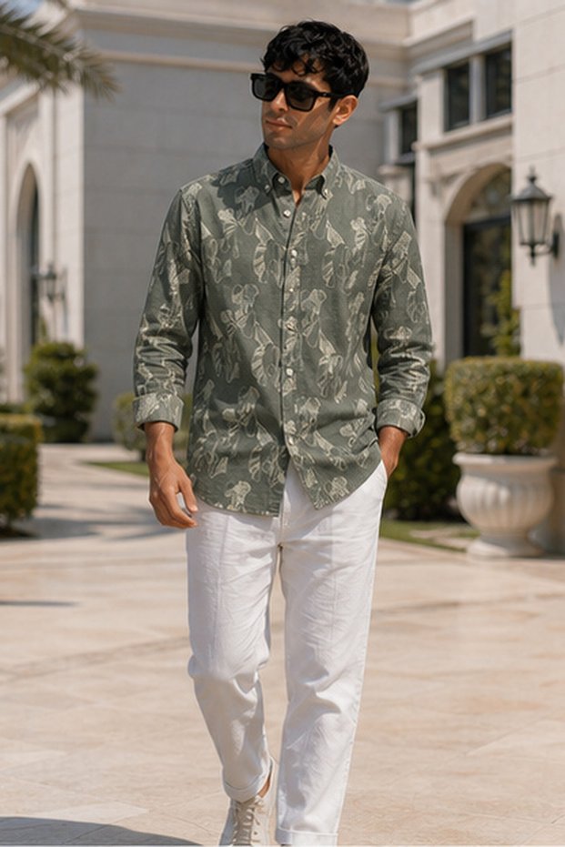 Men's Slim Fit Printed Cotton Long-Sleeve Shirt - Olive