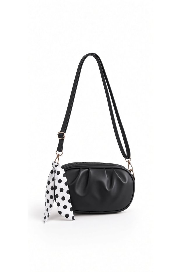 Black Drawstring Women's Shoulder Bag - Faux Leather Daily Crossbody Bag with Polka Dot Shawl Detail