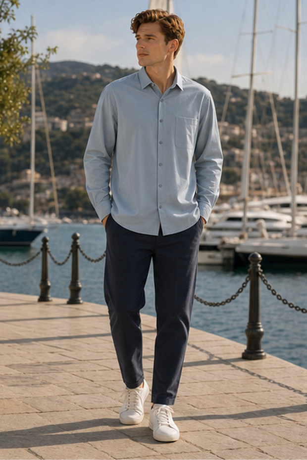 Men's Slim Fit Solid Long-Sleeve Shirt - D Beige