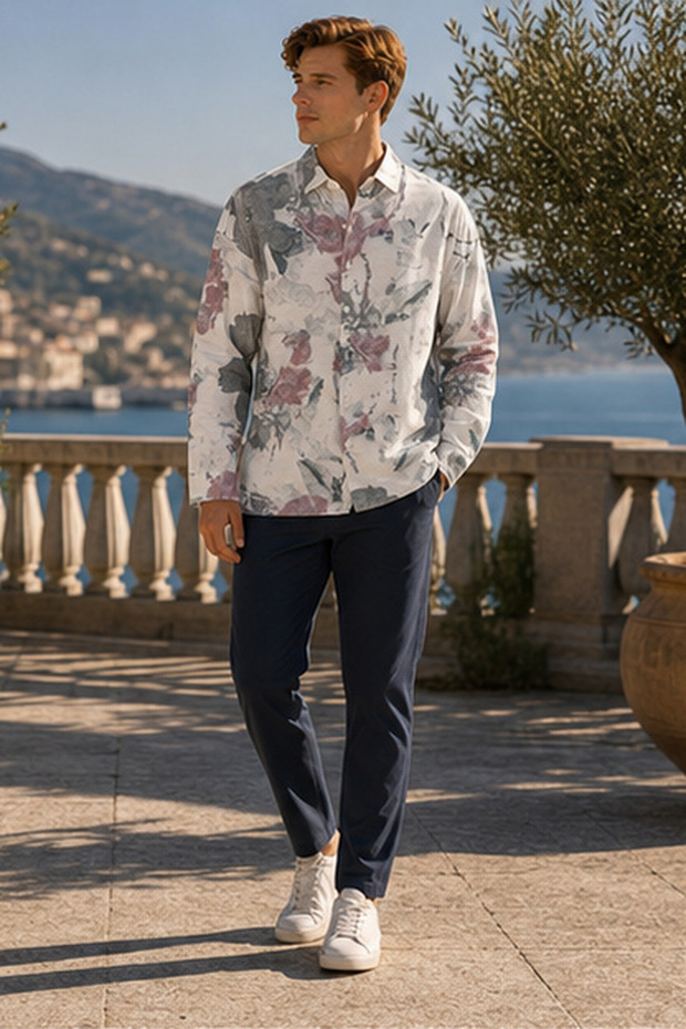 Men's Oversized Printed Long-Sleeve Shirt - White