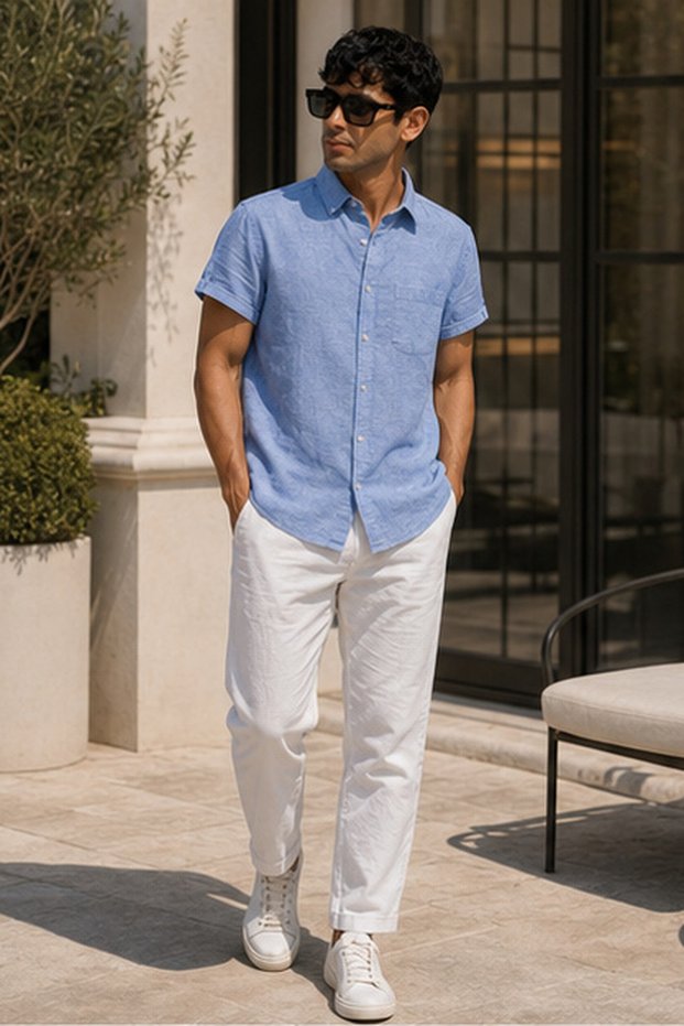 Men's Slim Fit Solid Short-Sleeve Linen Shirt - Sky Blue