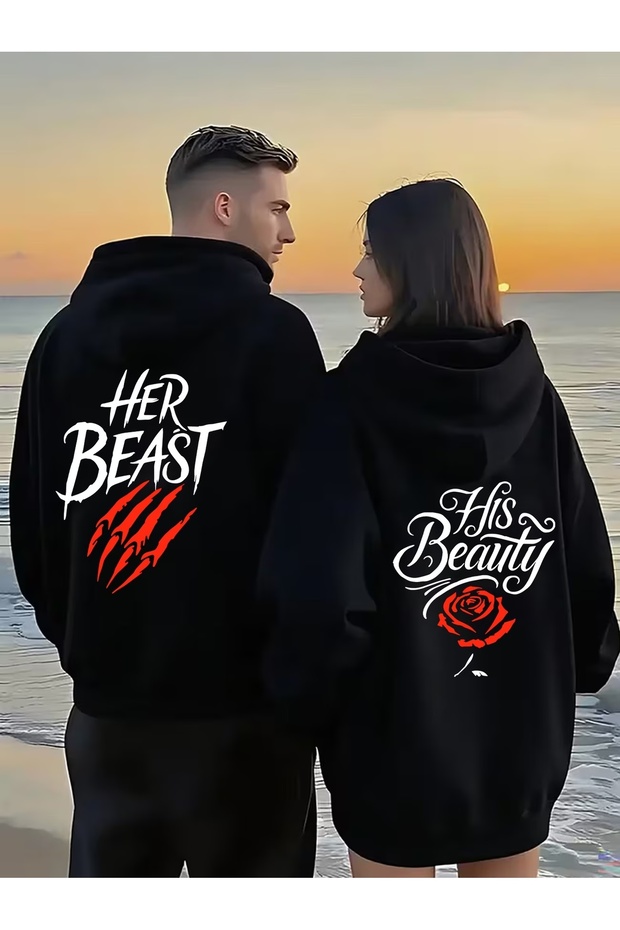 Lover Couple Combination Beauty Beast Back Printed Design Hooded Sweatshirt Set of 2