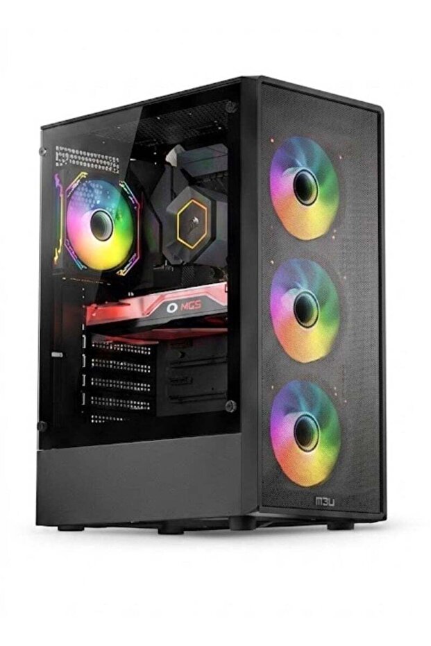 صندوق كمبيوتر قيمنق أسود أنيق مع زجاج شفاف وإضاءة RGB