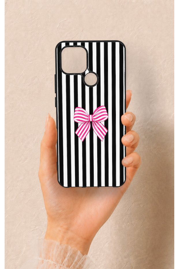 Oppo A15 Compatible Pink and White Ribbon Patterned Silicone Case