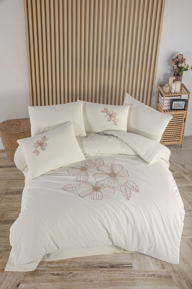 Newhome Diamond Lotus Cream Luxury Embroidered 100% Cotton Double Duvet Cover Set