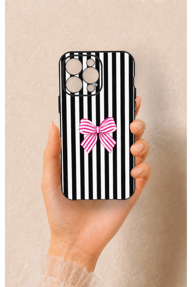 iPhone 13 Pro Max Compatible Pink and White Ribbon Pattern Silicone Case