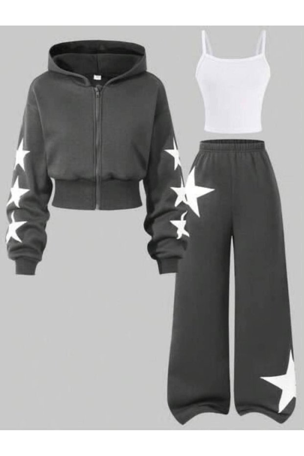 Smoked Winter Star Printed Zippered Hooded Crop Top Wide Leg Pants 3-Piece Top-Down Set