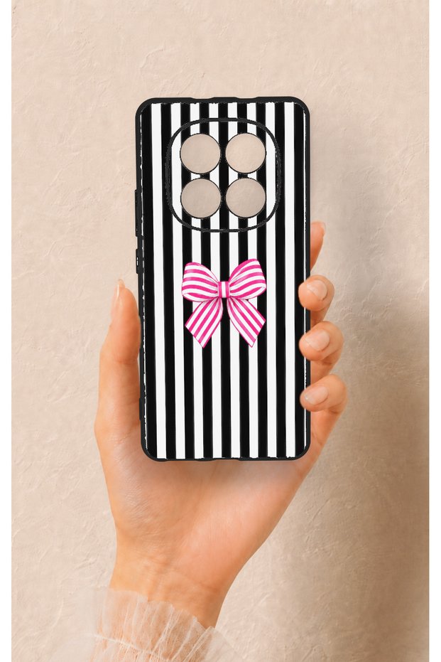 Redmi̇ Note 15 4g Compatible Pink and White Ribbon Patterned Silicone Case