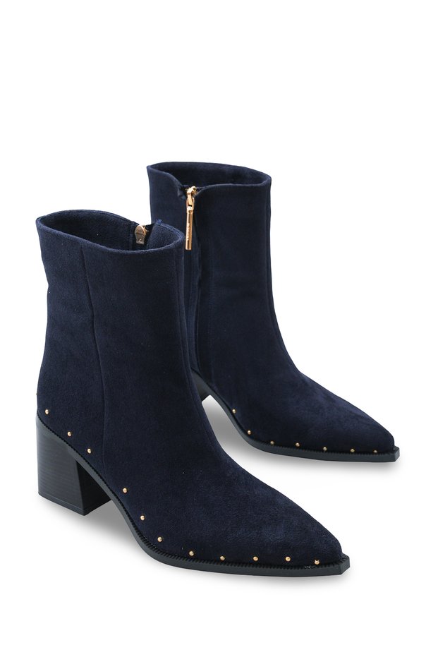 Astra Fia Women's Pointed Toe Heeled Boots 00124001 Navy Blue Suede