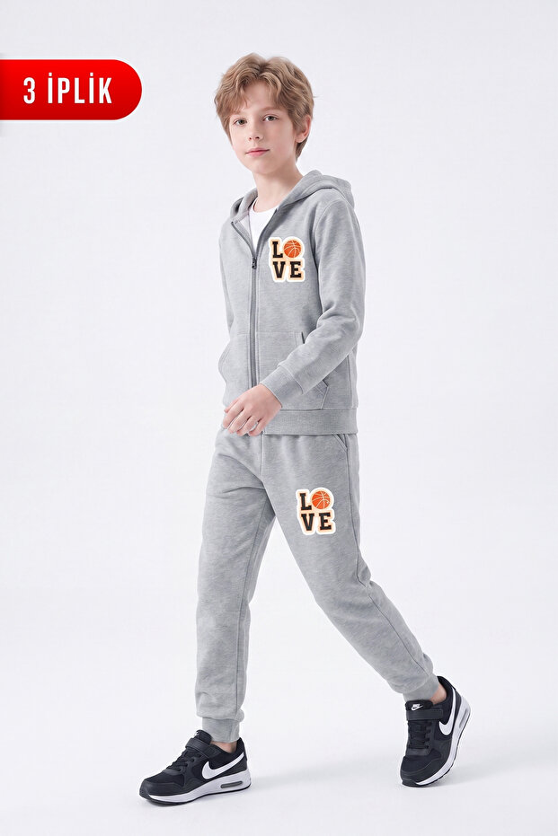 3 Thread Printed Zippered Boys' Tracksuit Set