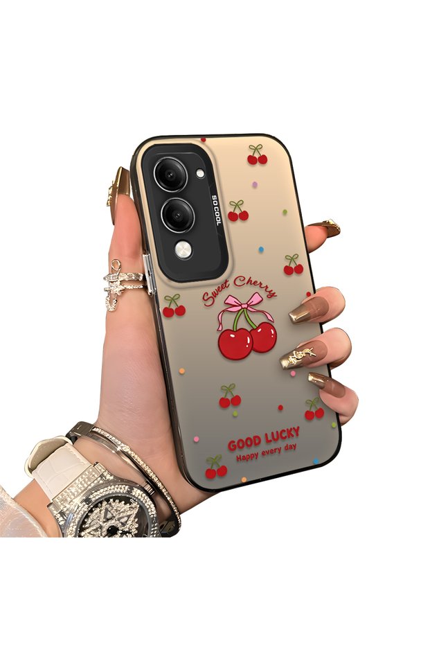 Vivo Y04 Compatible Hard Acrylic Back Silicone Edge Lens Protection Cherry Case