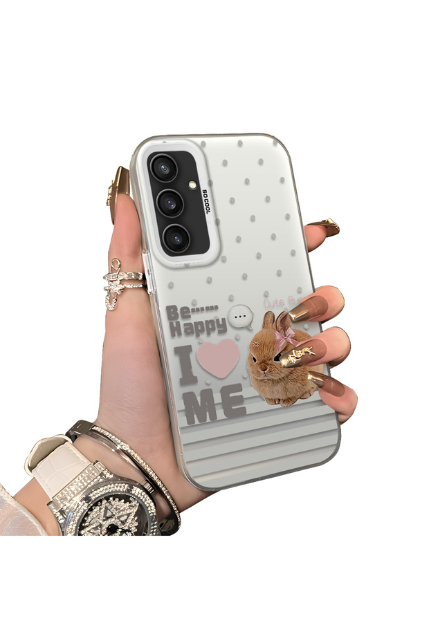Samsung Galaxy S23 Fe Compatible Hard Acrylic Back Silicone Edge Lens Protection Rabbit Case