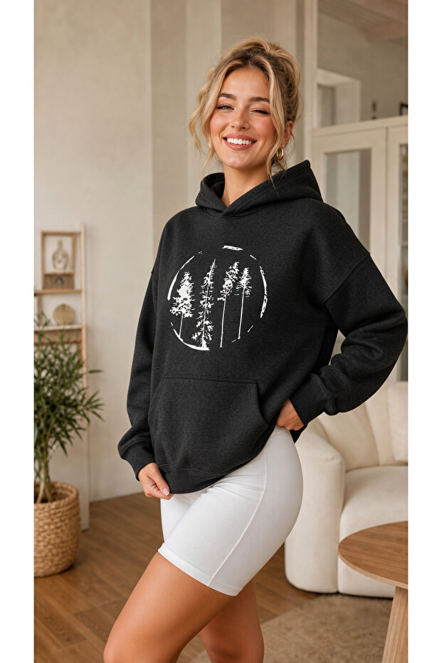 Women's Pine Trees Graphic Printed Hooded Kangaroo Pocket Cotton Casual Sweatshirt