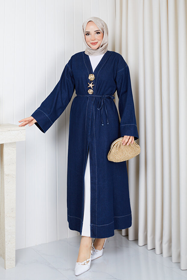 Women's Denim Jeans Kimono Cap with Gold Brooch