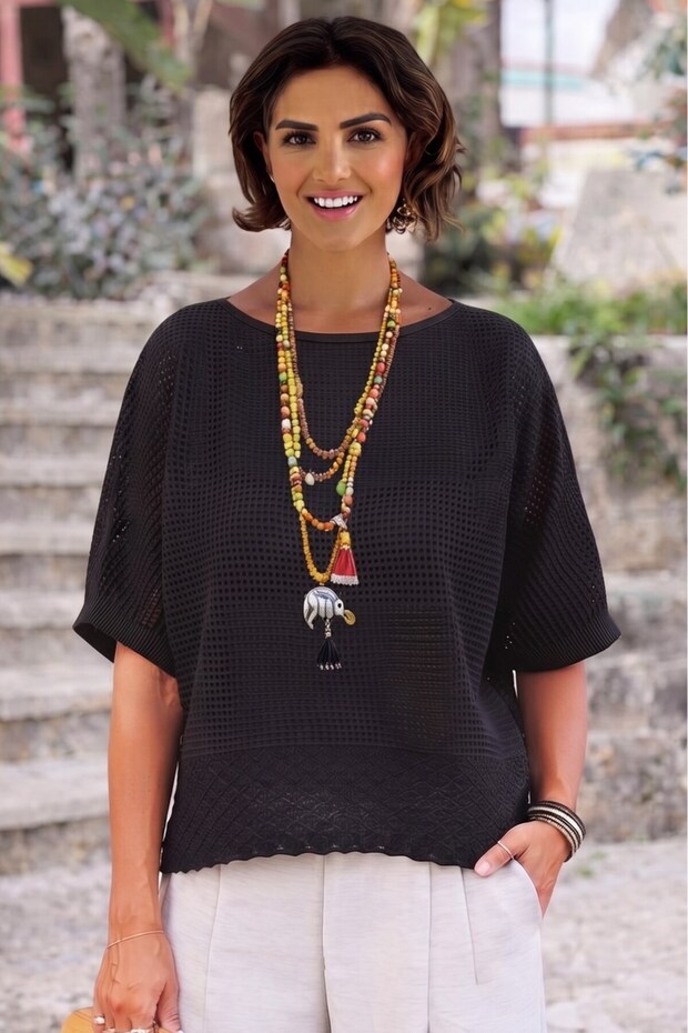 Black Openwork Mercerized Knitwear Blouse