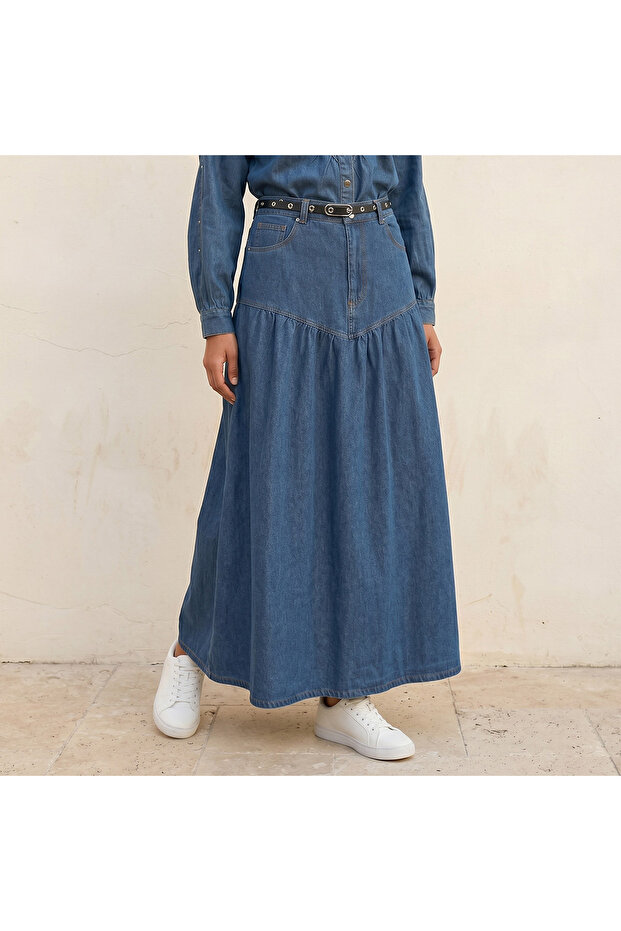 MIDI BELTED YOKE SKIRT