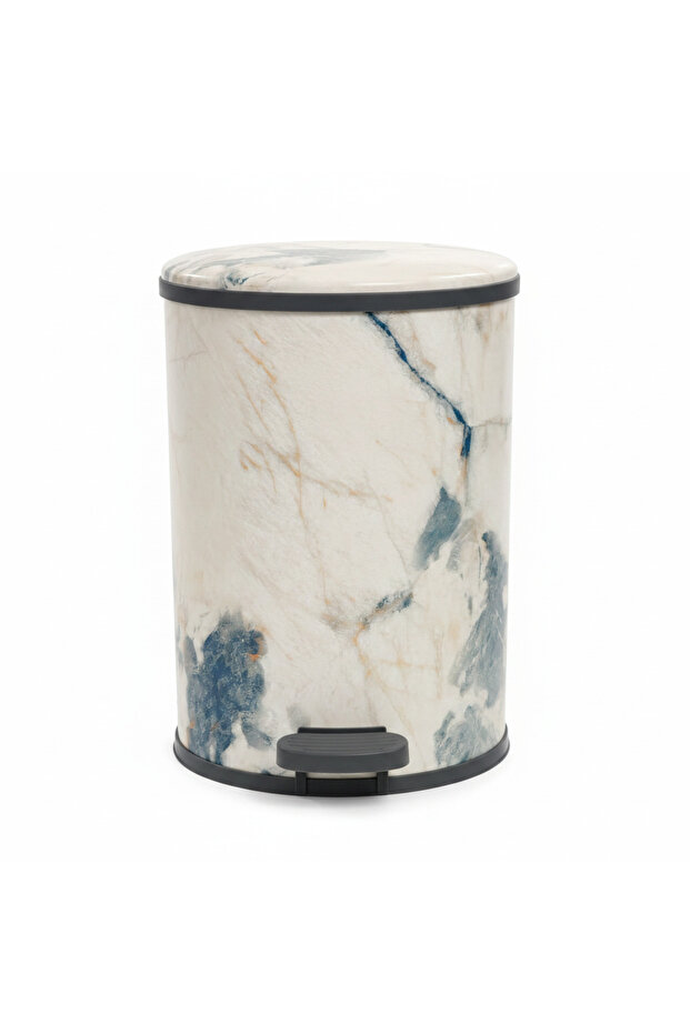 White & Blue Marble Print Plastic Pedal Dustbin - 35×25 cm