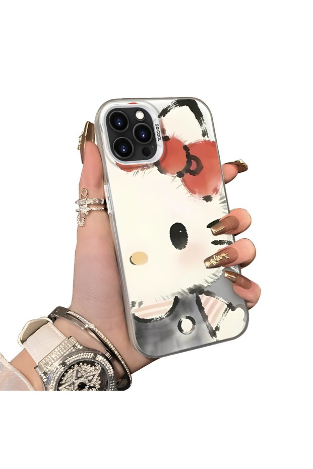 iPhone 14 Pro Compatible Hard Acrylic Back Silicone Edge Lens Protection Kitty Case