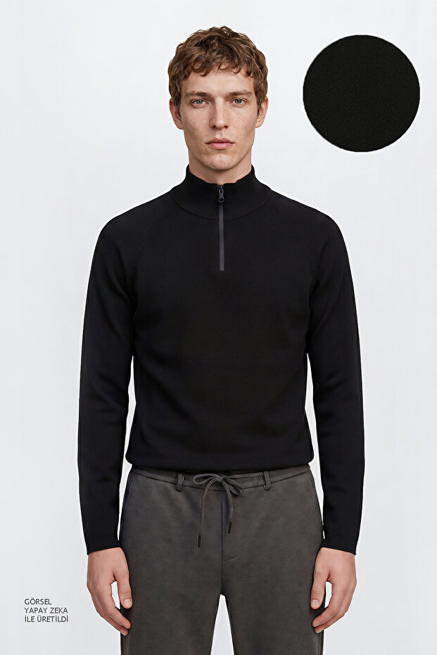 Men's Black Standard Fit Regular Cut Bato Collar Knitwear Sweater