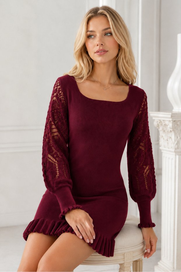 Women's U-Neck Long Sleeve Lace Detailed Skirt Ruffled Body Fitting Stretchy Burgundy Knitwear Tunic Dress