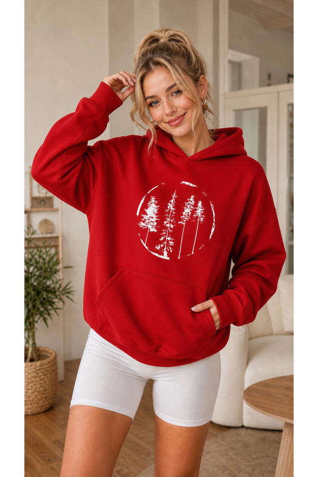 Women's Pine Trees Graphic Printed Hooded Kangaroo Pocket Cotton Casual Sweatshirt