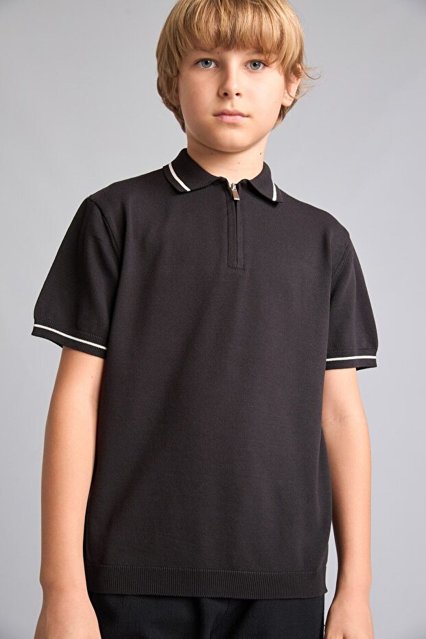 Polo Collar Stripe Detailed Half Zipper Knitwear Basic T-Shirt Boys H3919A826Au