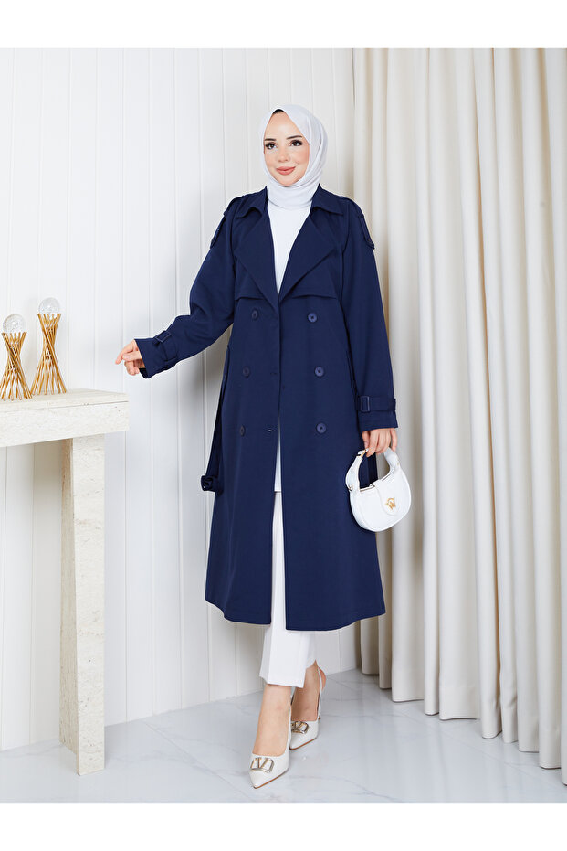 Double-Breasted Collar Belted Button Detailed Lined Hijab Trench Coat Rc3167