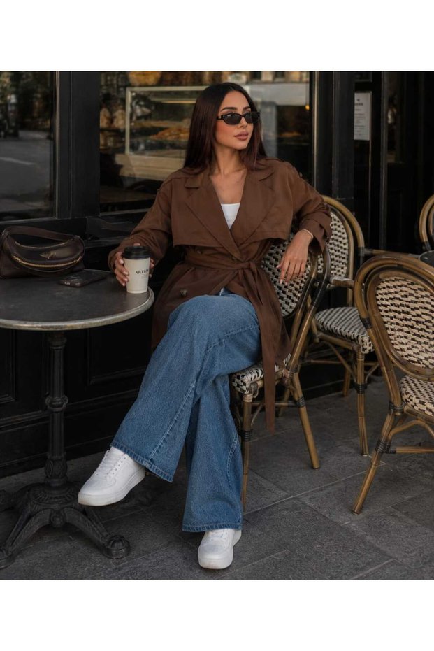 Women's Double-Breasted Double-Button Belted Epaulet Lined Short Trench Coat Jacket
