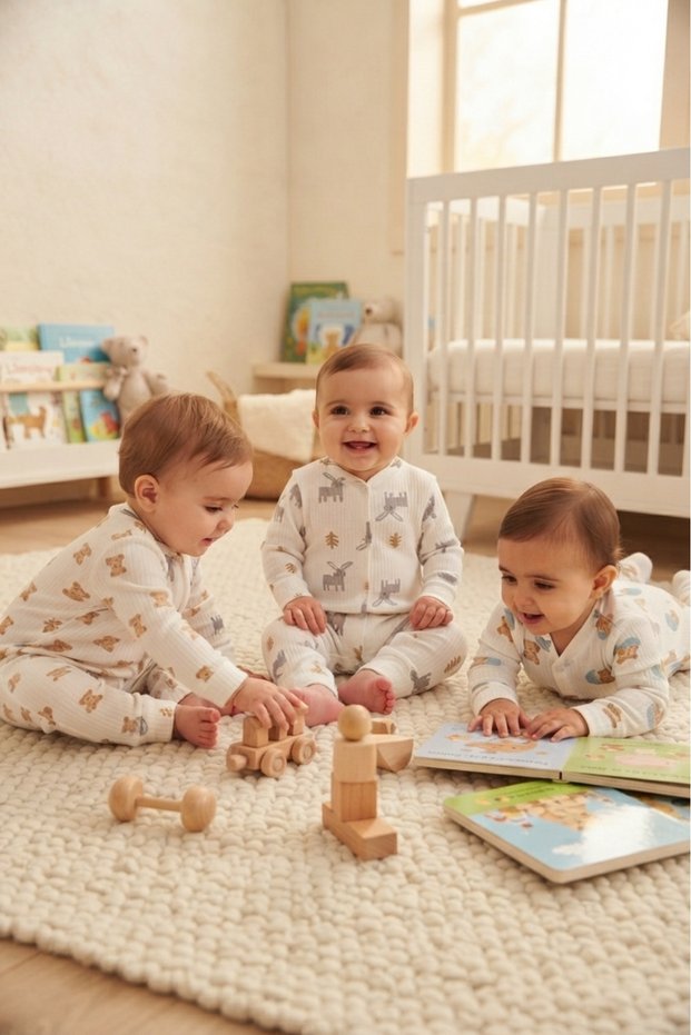 Cute Bear and Rabbit Patterned Set of 3 100% Cotton Report-Approved Baby Rompers